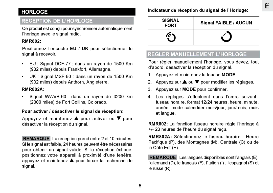 Oregon Scientific RMR802 user manual Horloge Reception DE L’HORLOGE, Regler Manuellement L’HORLOGE, Fort 