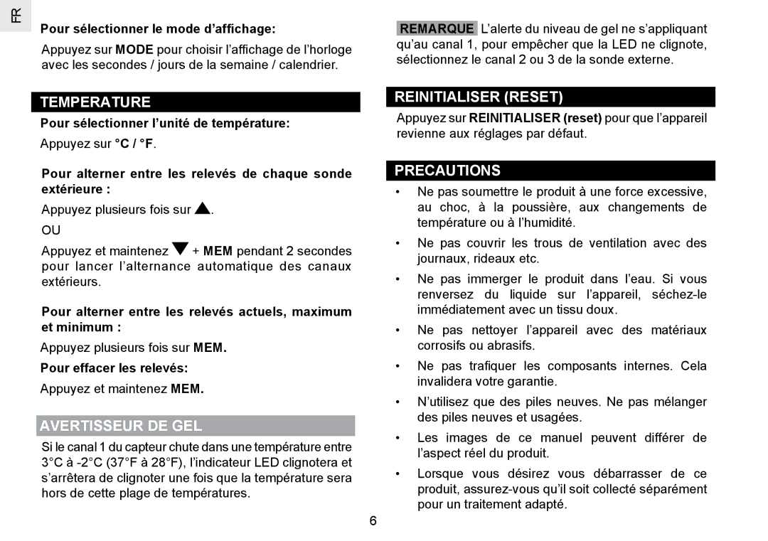 Oregon Scientific RMR802 user manual Avertisseur DE GEL, Reinitialiser Reset, Remarque 