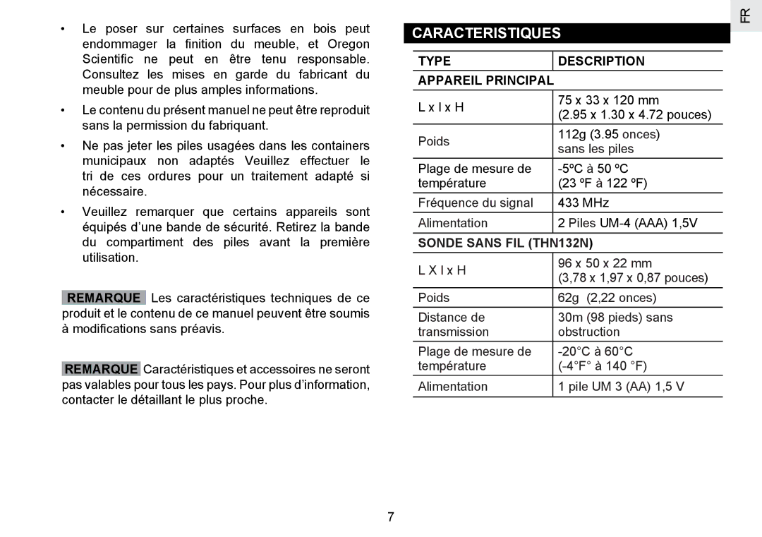 Oregon Scientific RMR802 user manual Caracteristiques, Type Description Appareil Principal 