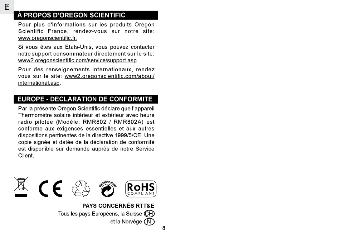 Oregon Scientific RMR802 user manual Propos D’OREGON Scientific Europe Declaration DE Conformite, Pays Concernés RTT&E 