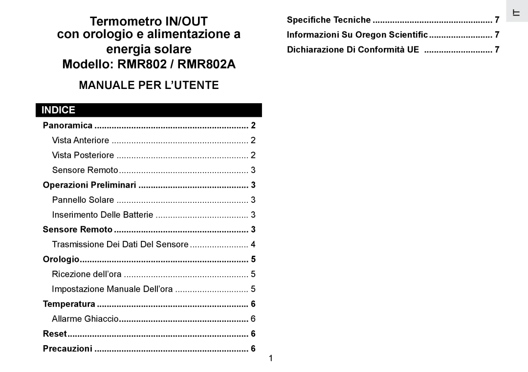 Oregon Scientific RMR802 user manual Manuale PER L’UTENTE, Indice, Allarme Ghiaccio 