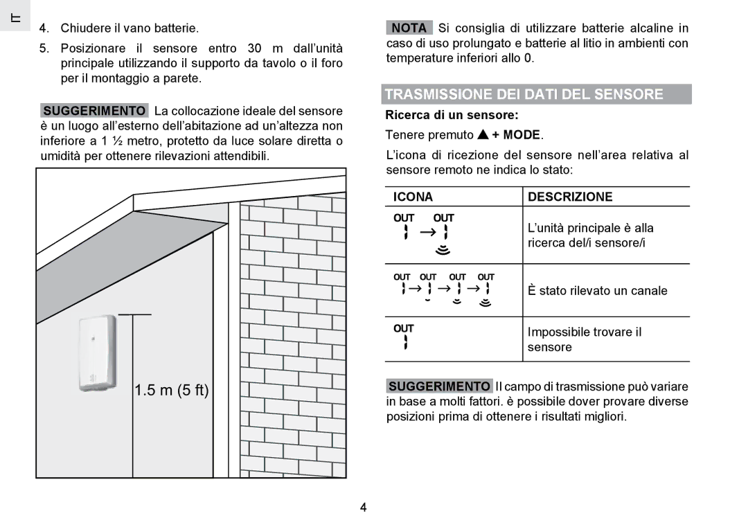 Oregon Scientific RMR802 user manual Trasmissione DEI Dati DEL Sensore, Ricerca di un sensore, Icona Descrizione 