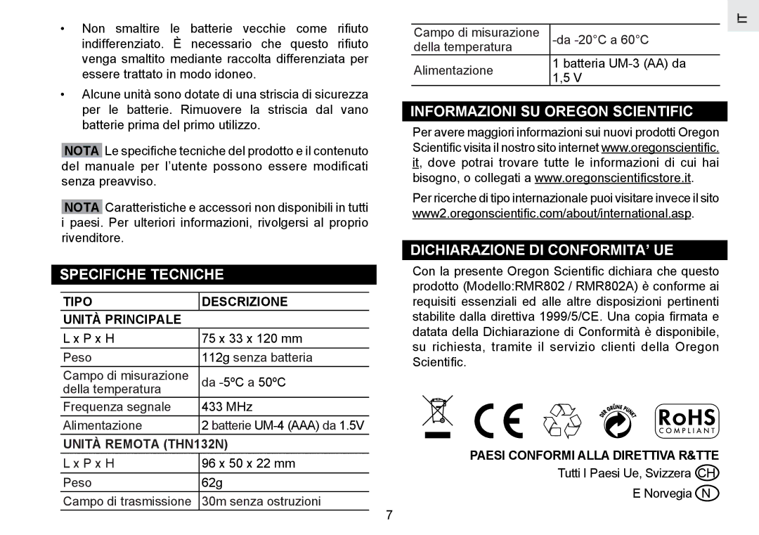 Oregon Scientific RMR802 user manual Specifiche Tecniche, Paesi Conformi Alla Direttiva R&TTE 