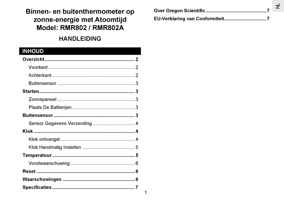 Oregon Scientific RMR802 user manual Handleiding, Inhoud 