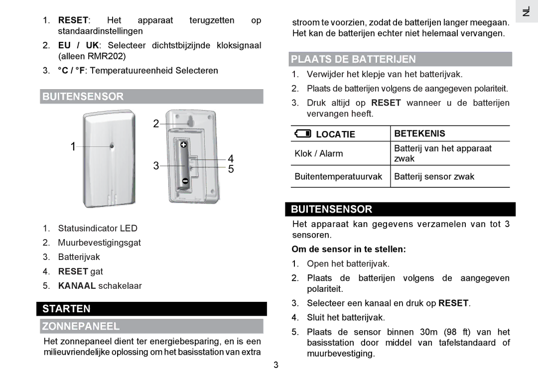 Oregon Scientific RMR802 user manual Buitensensor, Starten Zonnepaneel, Plaats DE Batterijen, Locatie Betekenis 