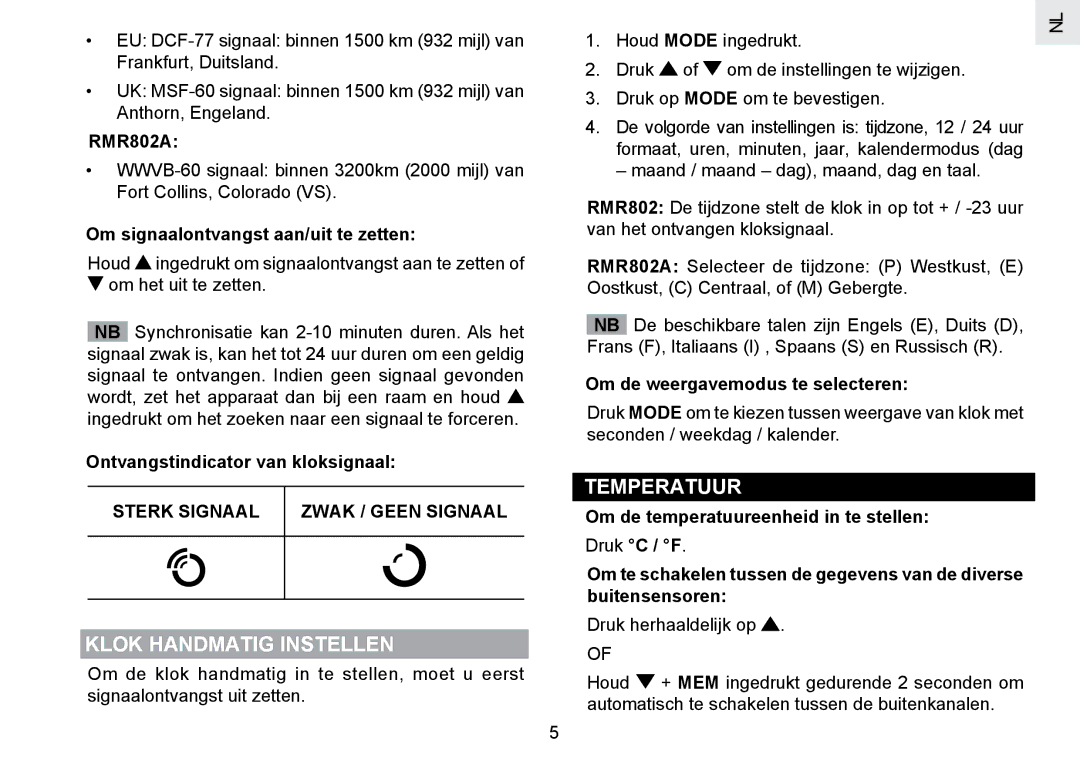 Oregon Scientific RMR802 user manual Klok Handmatig Instellen, Temperatuur, Sterk Signaal Zwak / Geen Signaal 