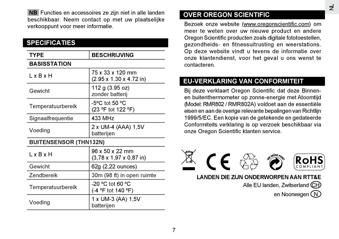 Oregon Scientific RMR802 user manual Specificaties, Over Oregon Scientific EU-VERKLARING VAN Conformiteit 