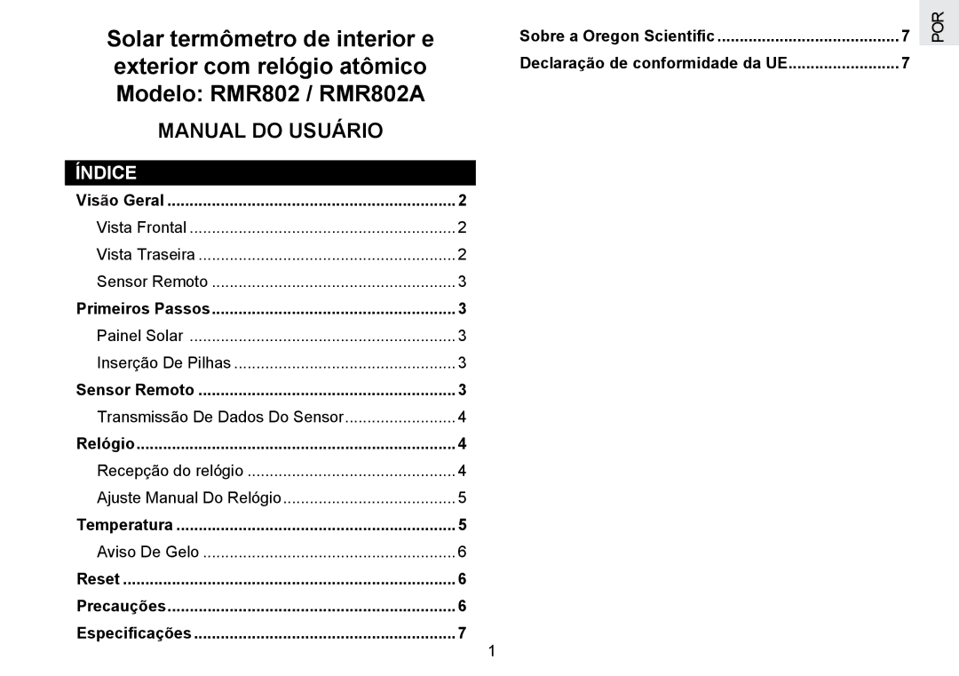 Oregon Scientific RMR802 user manual Manual do Usuário, Índice 