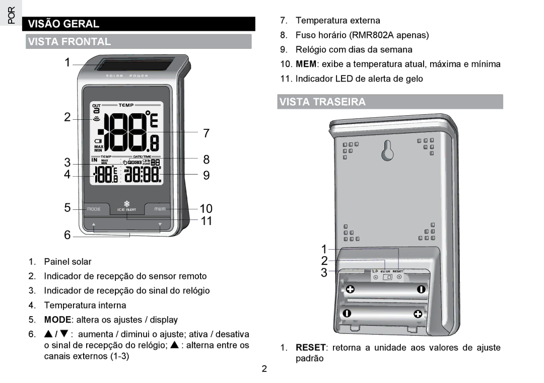 Oregon Scientific RMR802 user manual Visão Geral Vista Frontal, Vista Traseira 