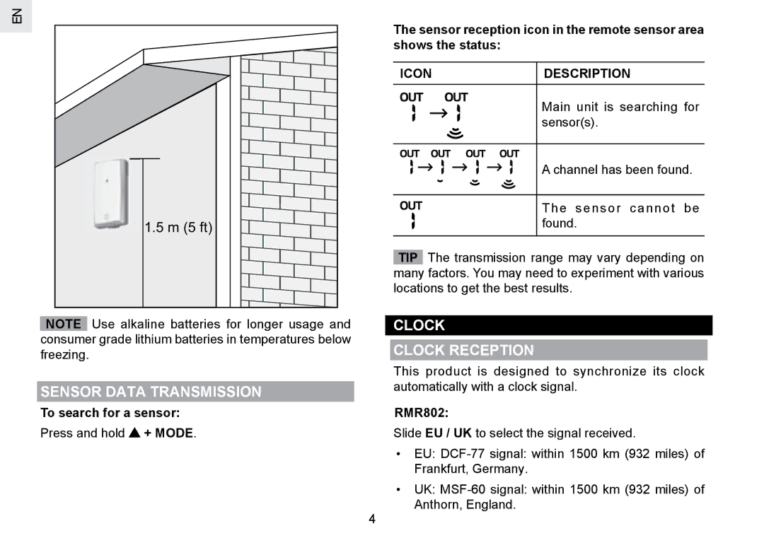 Oregon Scientific RMR802 user manual Sensor Data Transmission, Clock Clock Reception, Icon Description, Tip 