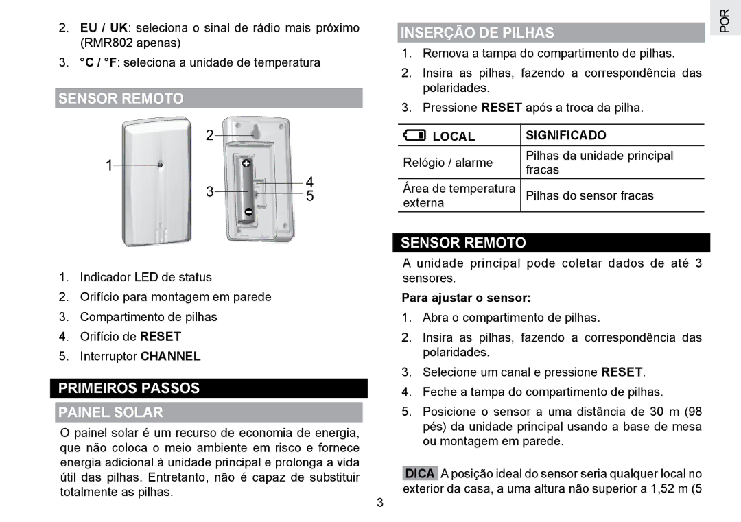 Oregon Scientific RMR802 Primeiros Passos Painel Solar, Inserção DE Pilhas, Local Significado, Para ajustar o sensor 