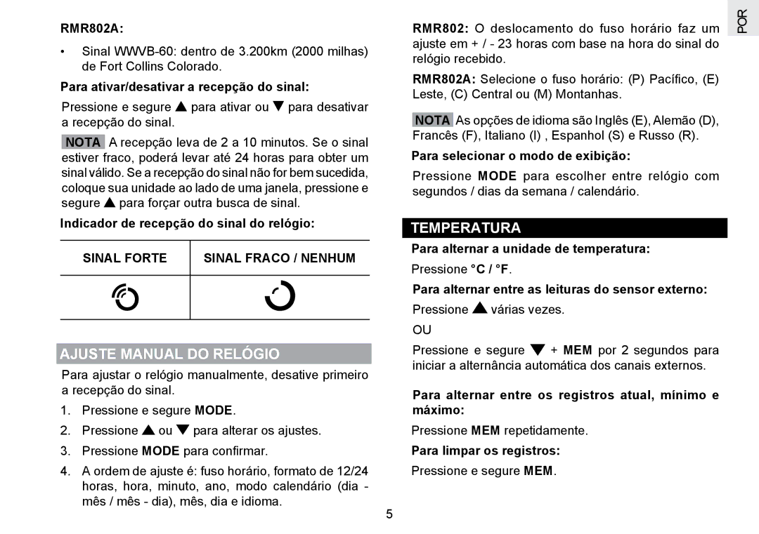 Oregon Scientific RMR802 user manual Ajuste Manual do Relógio, Sinal Forte Sinal Fraco / Nenhum 