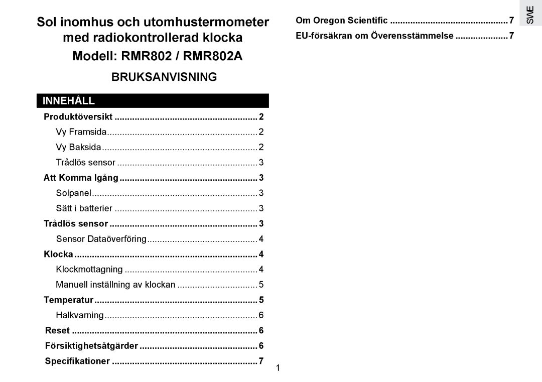 Oregon Scientific RMR802 user manual Bruksanvisning, Innehåll 