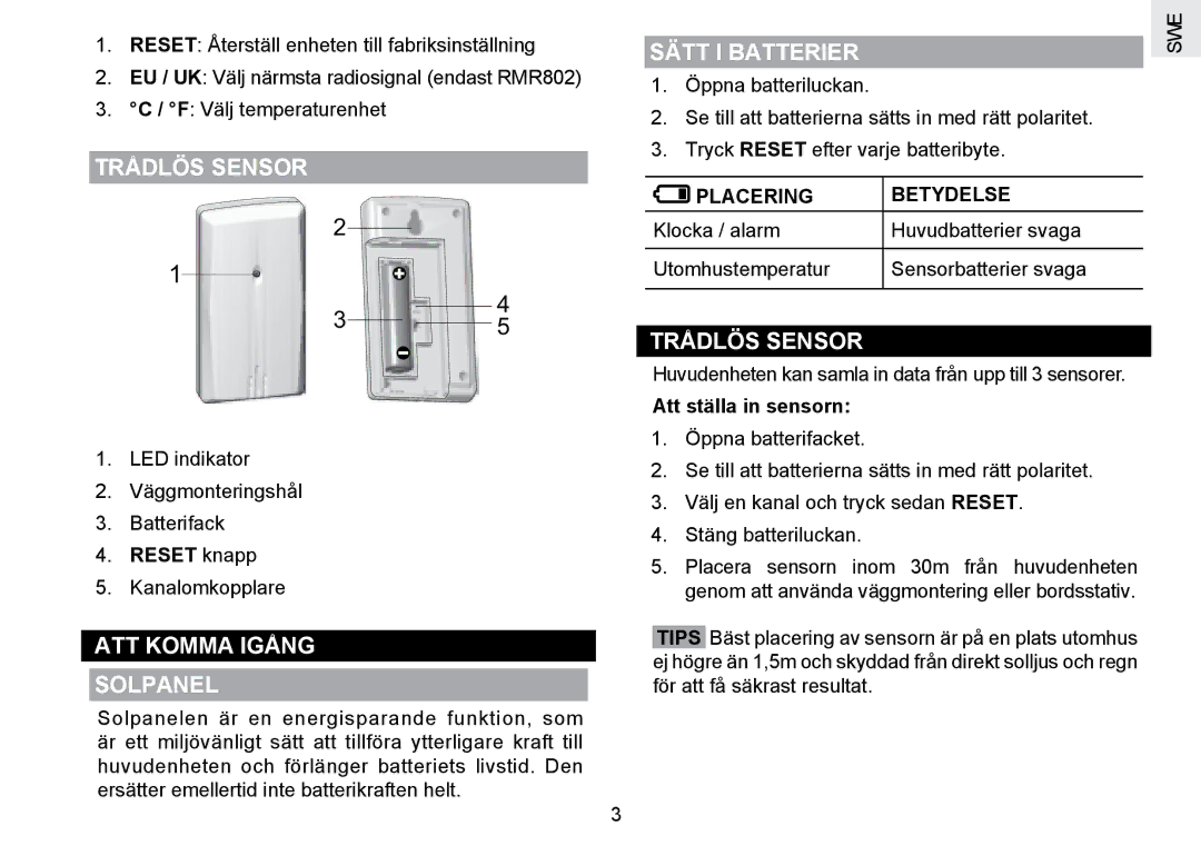 Oregon Scientific RMR802 user manual Trådlös Sensor, ATT Komma Igång Solpanel, Sätt I Batterier, Placering Betydelse 