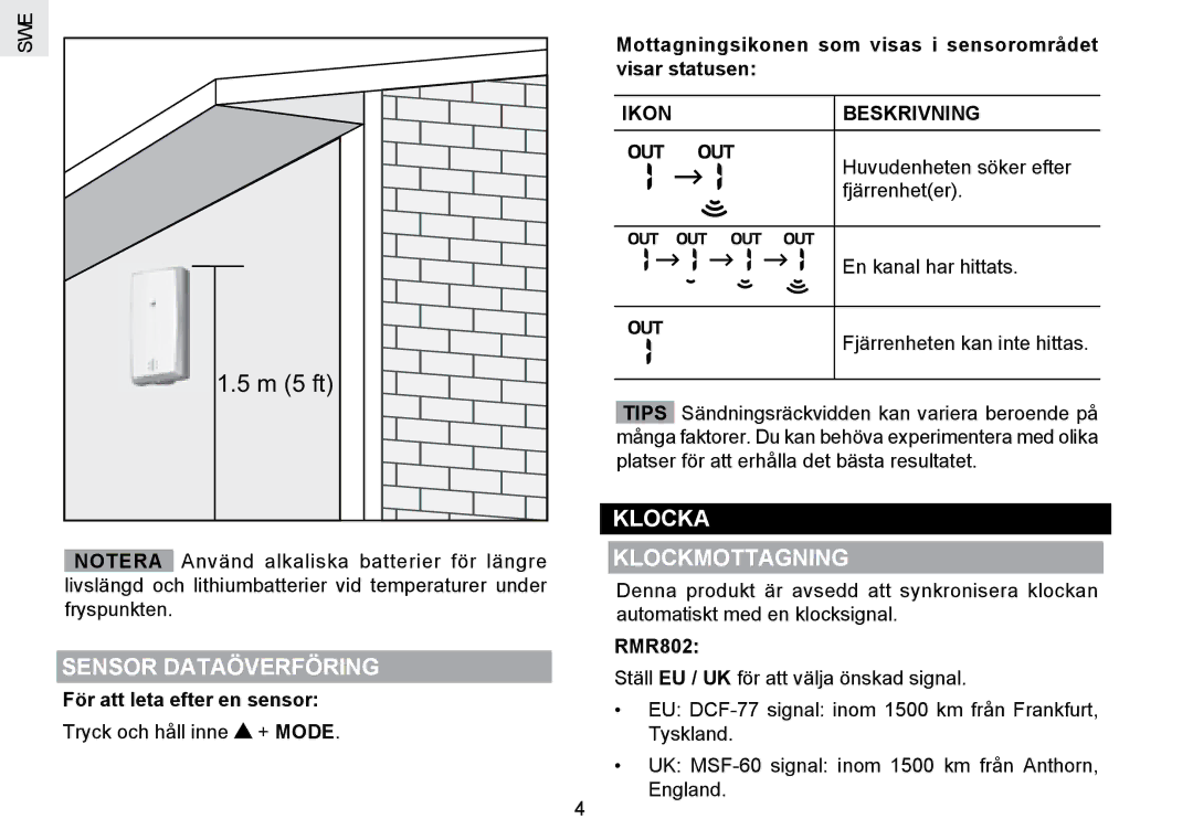 Oregon Scientific RMR802 Sensor Dataöverföring, Klocka Klockmottagning, För att leta efter en sensor, Ikon Beskrivning 