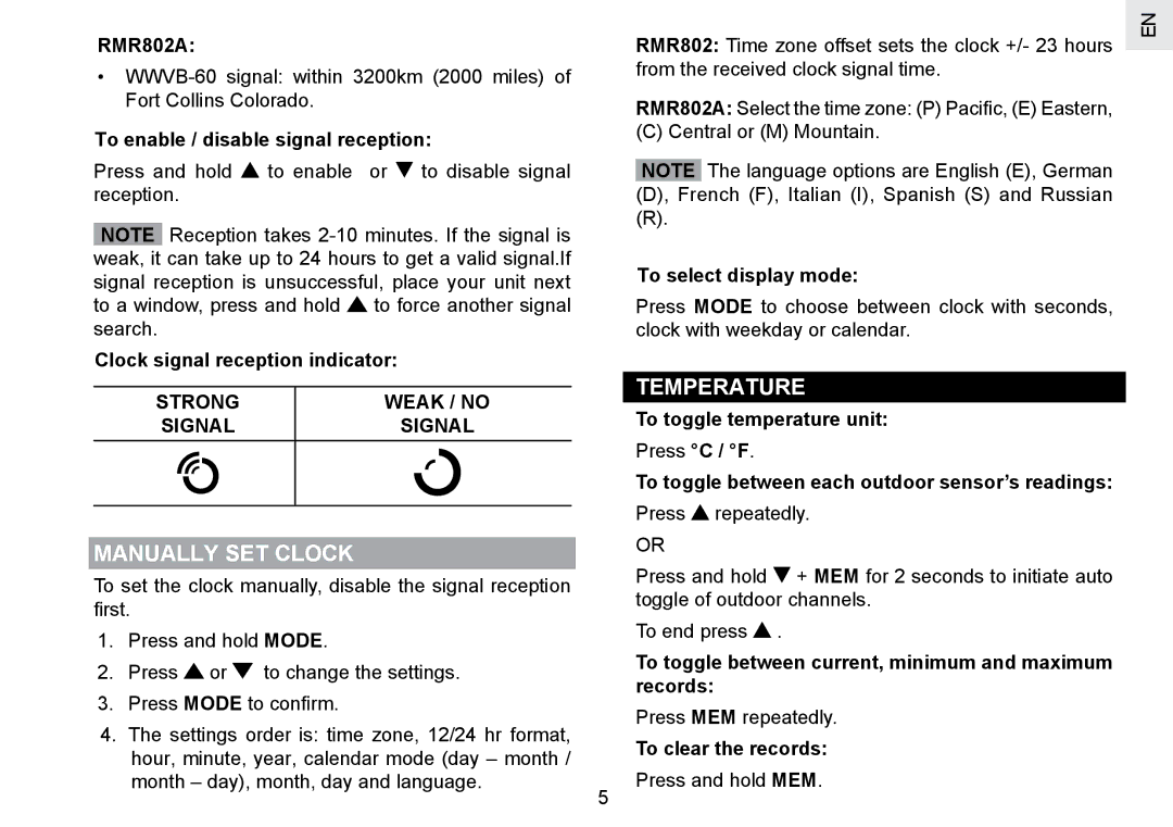 Oregon Scientific RMR802 user manual Temperature, Manually SET Clock, Strong Weak / no, Signal 