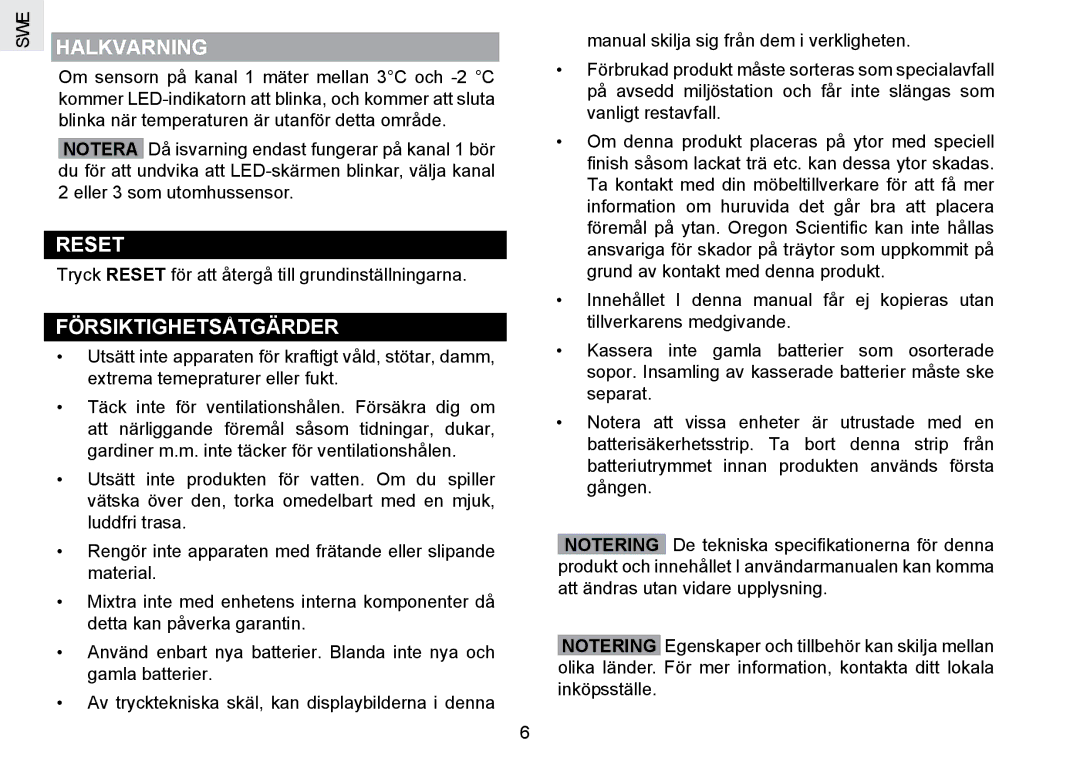 Oregon Scientific RMR802 user manual Halkvarning, Försiktighetsåtgärder 