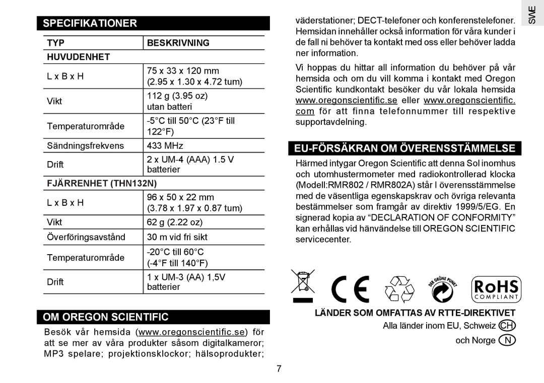 Oregon Scientific RMR802 user manual Specifikationer, OM Oregon Scientific, EU-FÖRSÄKRAN OM Överensstämmelse 