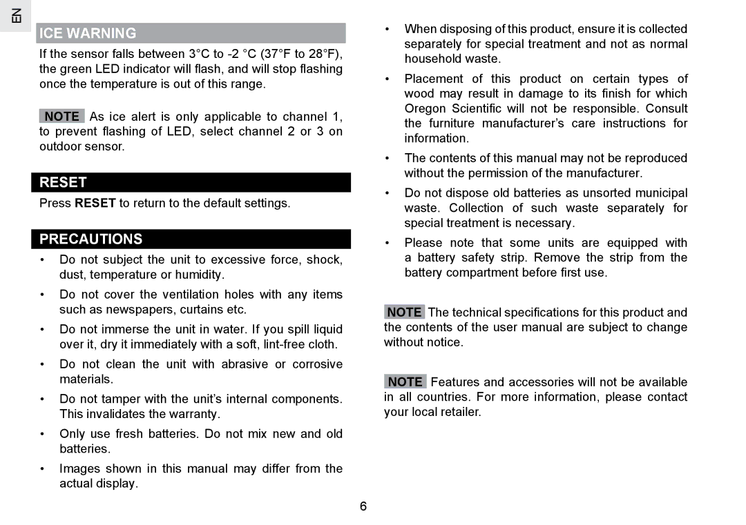 Oregon Scientific RMR802 user manual ICE Warning, Reset, Precautions 