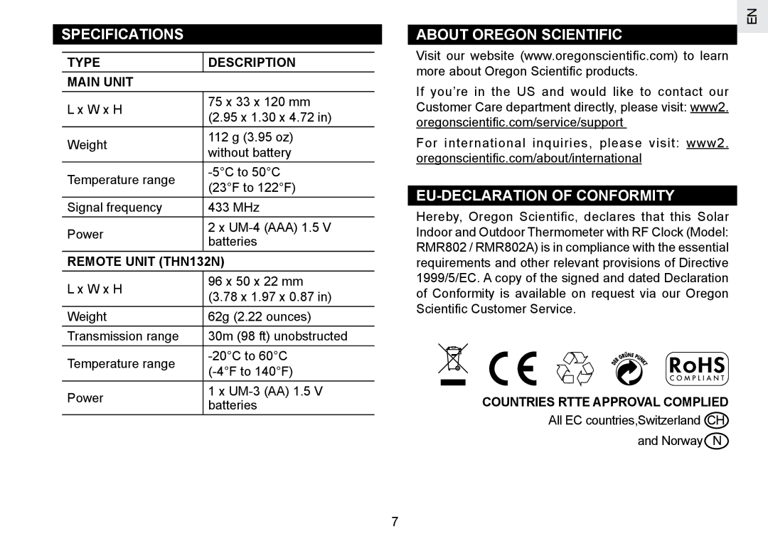 Oregon Scientific RMR802 Specifications, About Oregon Scientific EU-DECLARATION of Conformity, Type Description Main Unit 