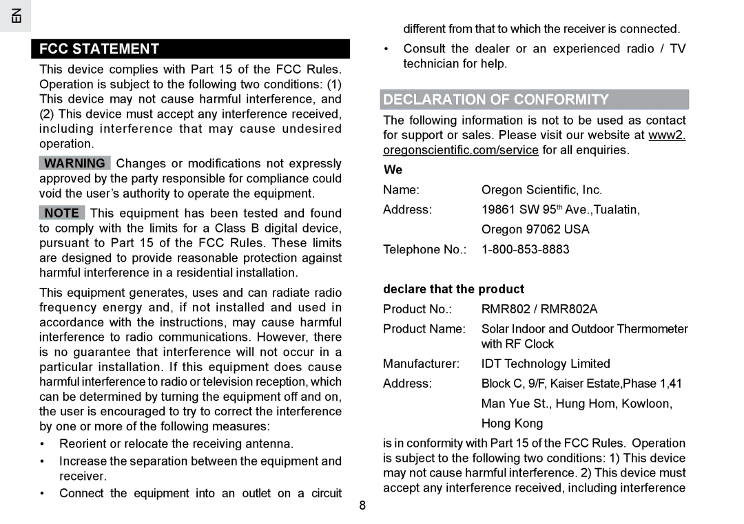 Oregon Scientific RMR802 user manual FCC Statement, Declaration of Conformity, Declare that the product 