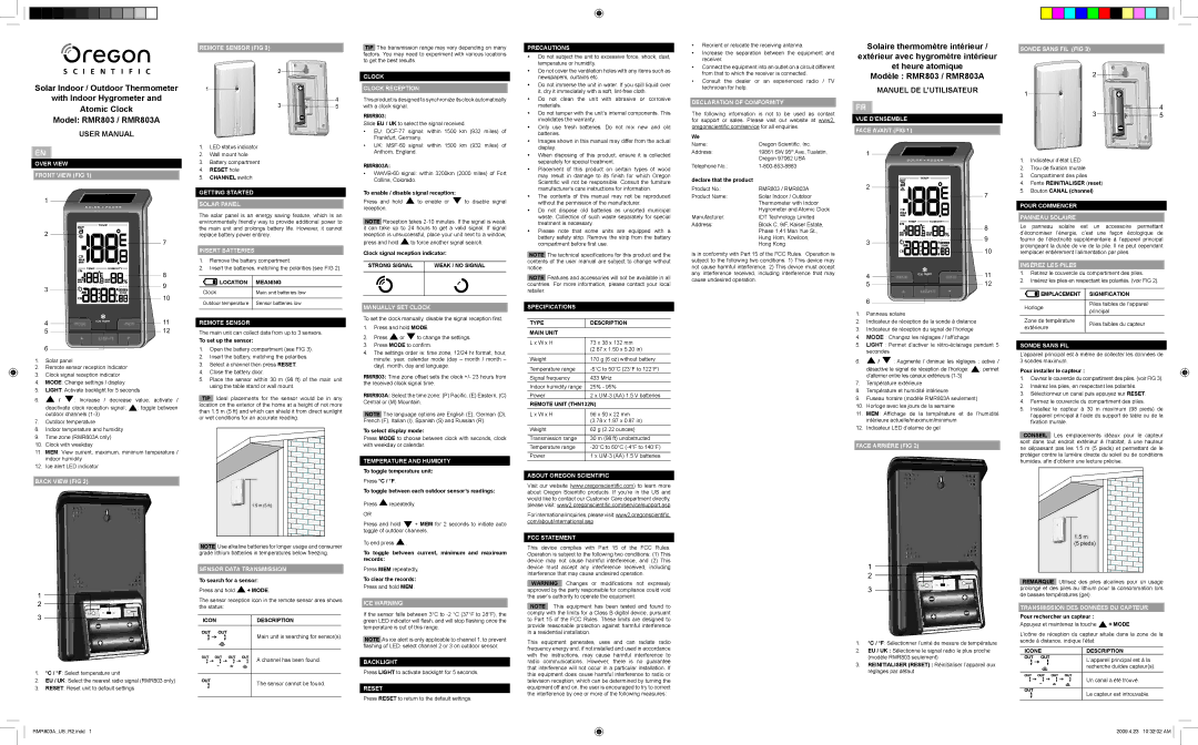 Oregon Scientific RMR803A user manual Over View Front View FIG, Back View FIG, Remote Sensor FIG, Insert Batteries, Reset 