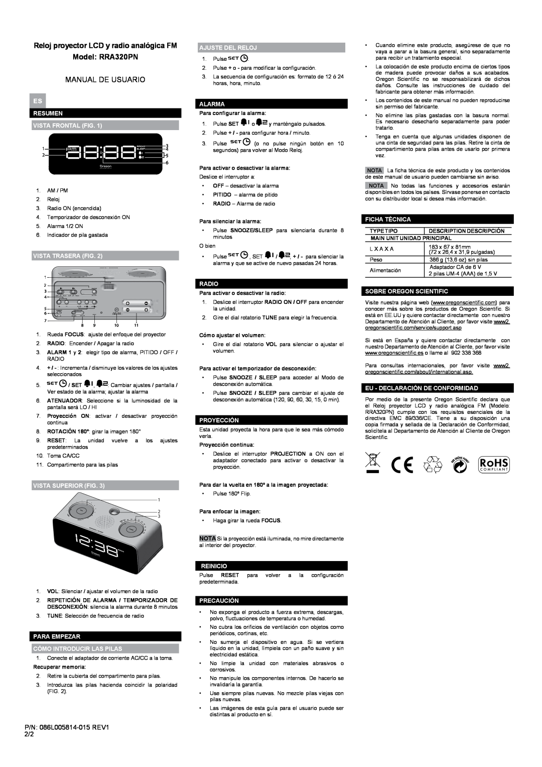 Oregon Scientific user manual Reloj proyector LCD y radio analógica FM Model RRA320PN, Manual De Usuario 