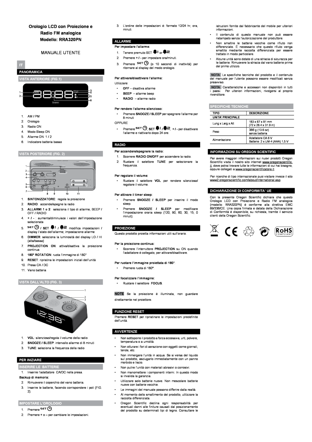 Oregon Scientific user manual Orologio LCD con Proiezione e Radio FM analogica Modello RRA320PN, Manuale Utente 