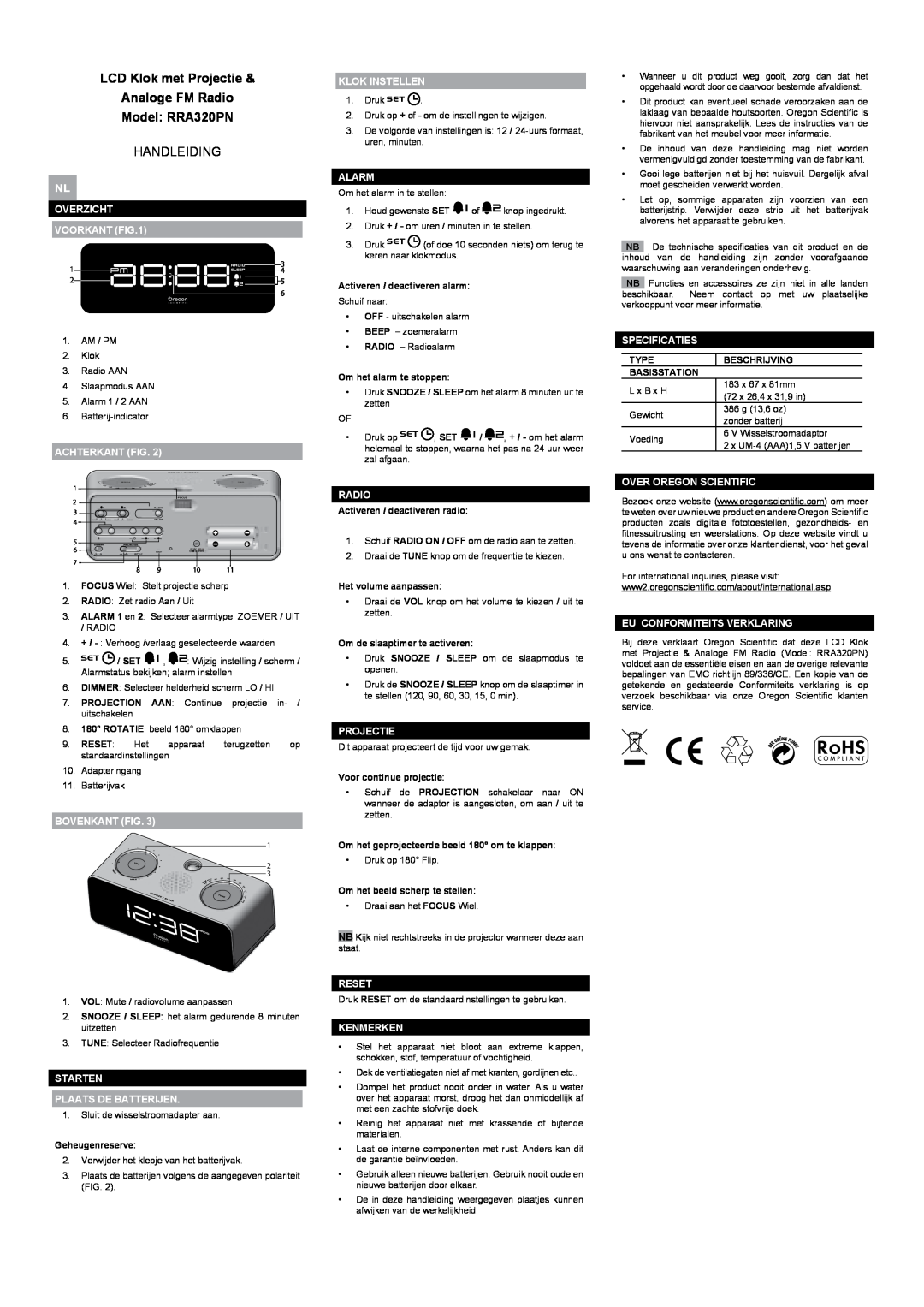 Oregon Scientific user manual LCD Klok met Projectie Analoge FM Radio Model RRA320PN, Handleiding 
