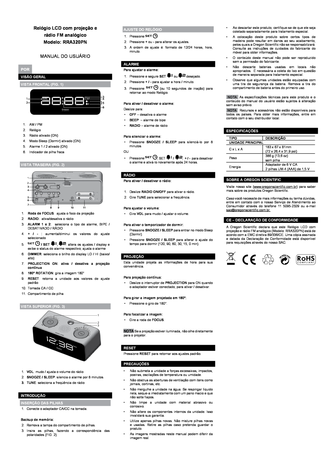 Oregon Scientific user manual Relógio LCD com projeção e rádio FM analógico Modelo RRA320PN, Manual Do Usuário 