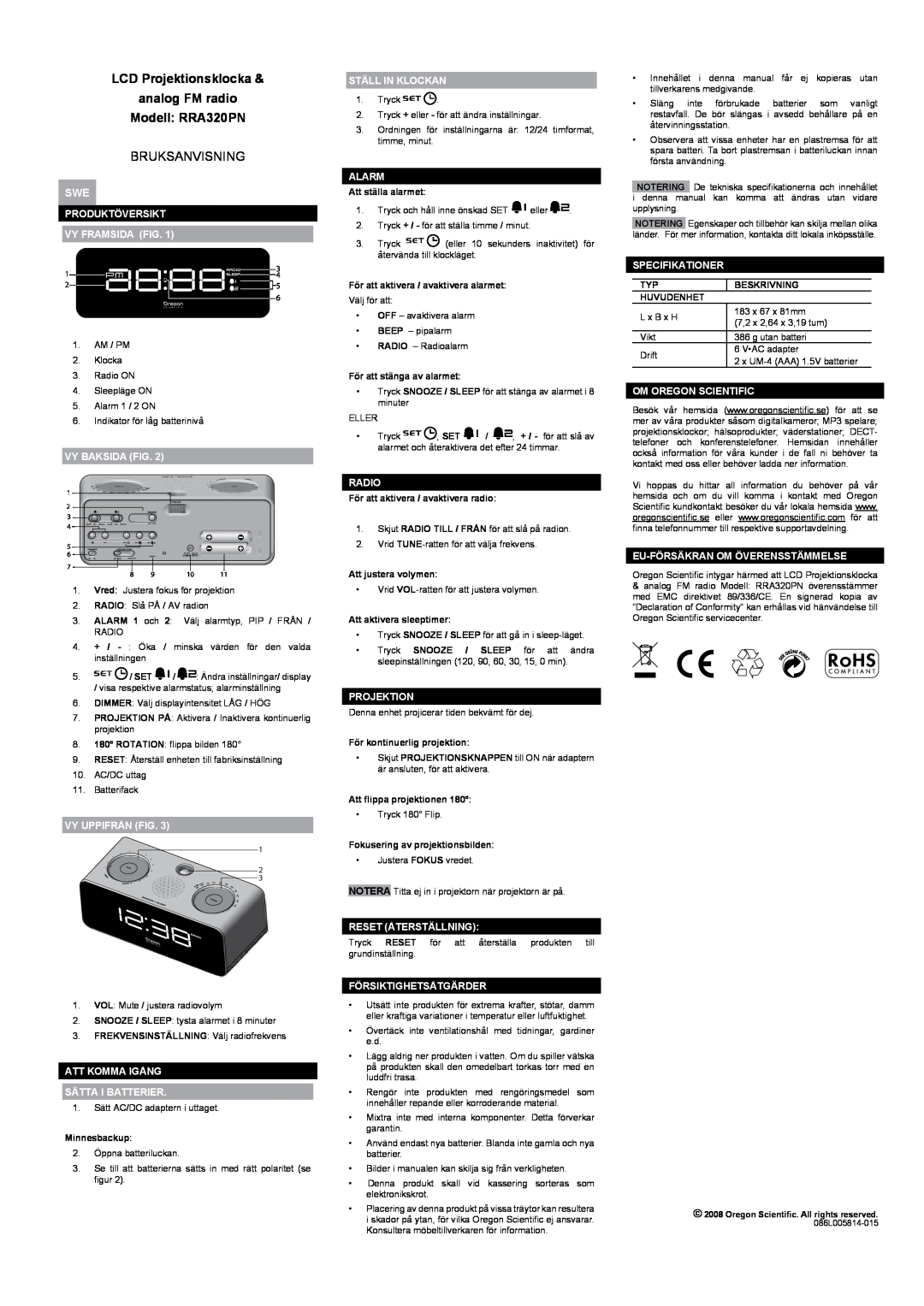 Oregon Scientific user manual LCD Projektionsklocka analog FM radio Modell RRA320PN, Bruksanvisning 
