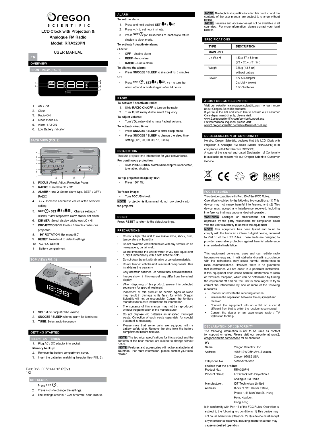 Oregon Scientific user manual LCD Clock with Projection Analogue FM Radio Model RRA320PN 