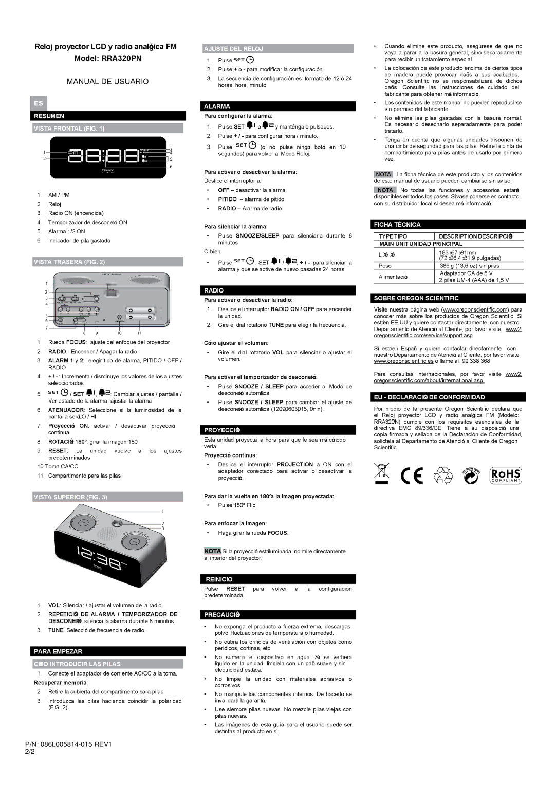 Oregon Scientific user manual Reloj proyector LCD y radio analógica FM Model RRA320PN, Manual DE Usuario 