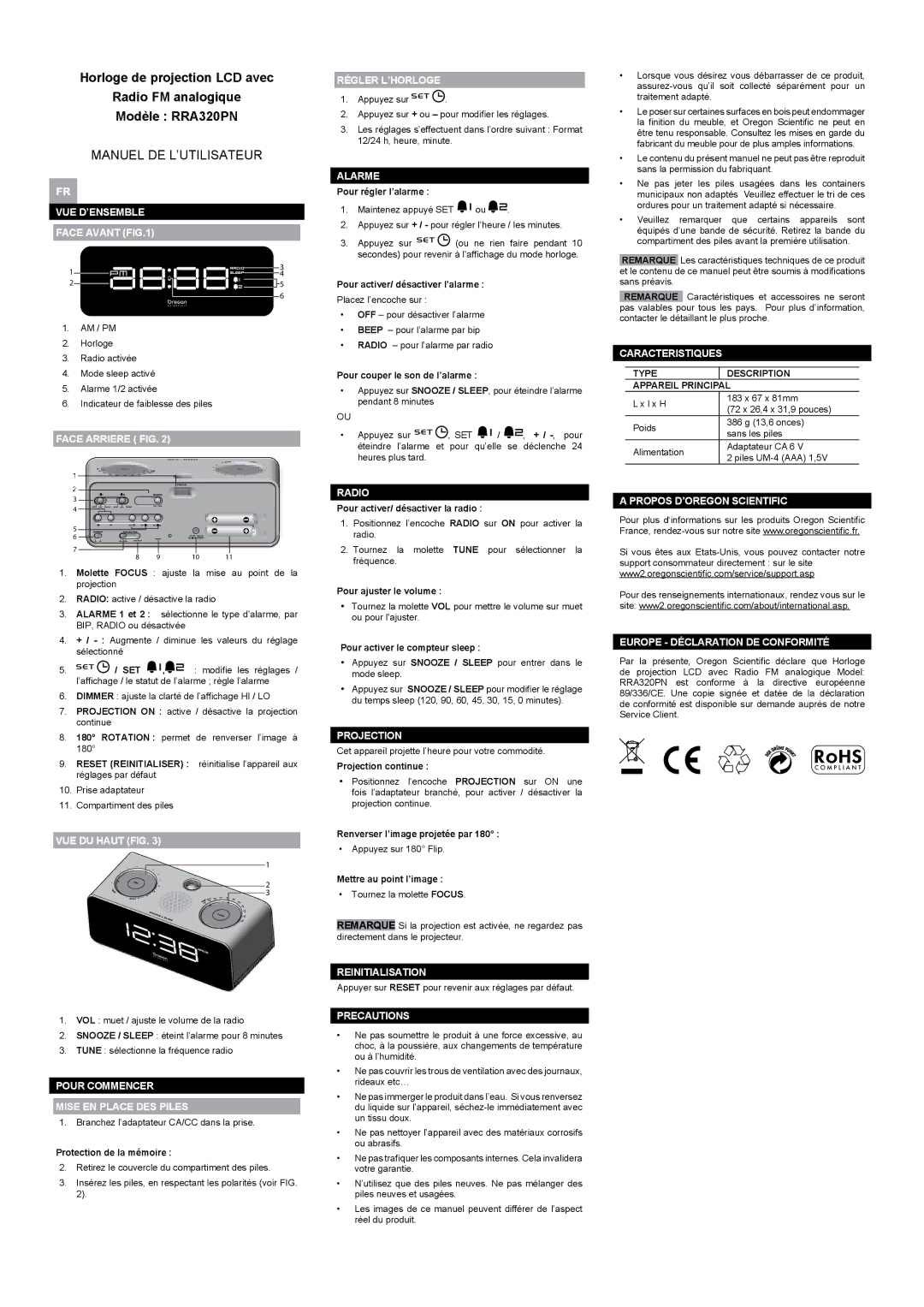 Oregon Scientific RRA320PN user manual Manuel DE L’UTILISATEUR 