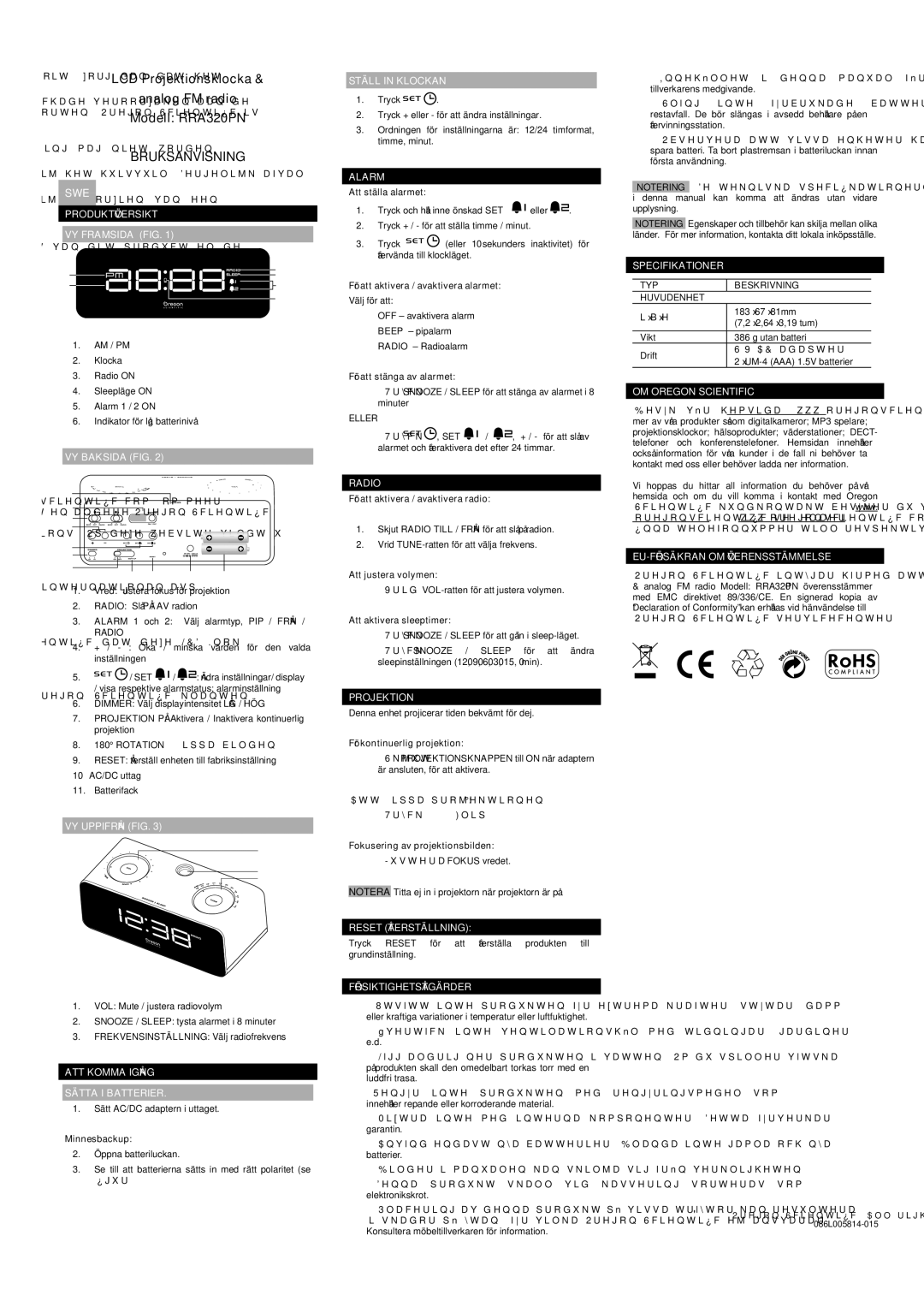 Oregon Scientific user manual LCD Projektionsklocka Analog FM radio Modell RRA320PN, Bruksanvisning 