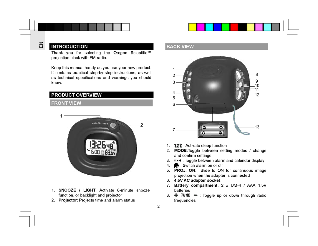 Oregon Scientific RRM310P user manual Introduction, Product Overview Front View, Back View, 5V AC adapter socket 