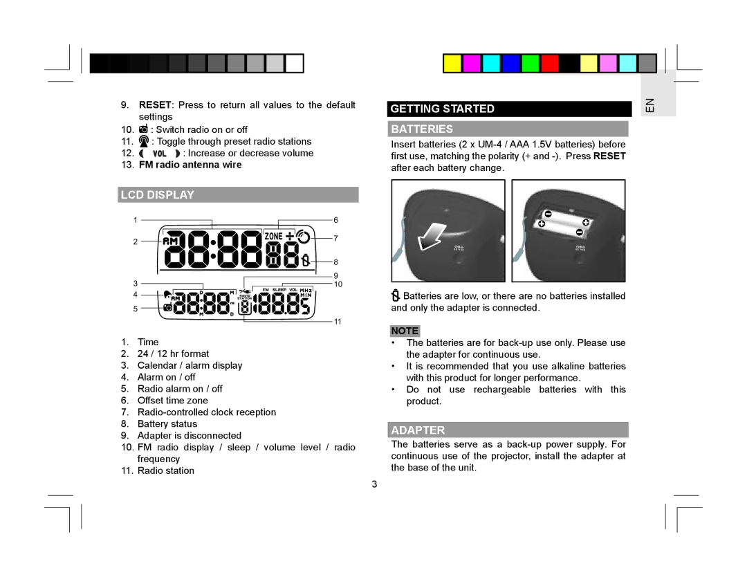 Oregon Scientific RRM310P user manual LCD Display, Getting Started Batteries, Adapter, FM radio antenna wire 