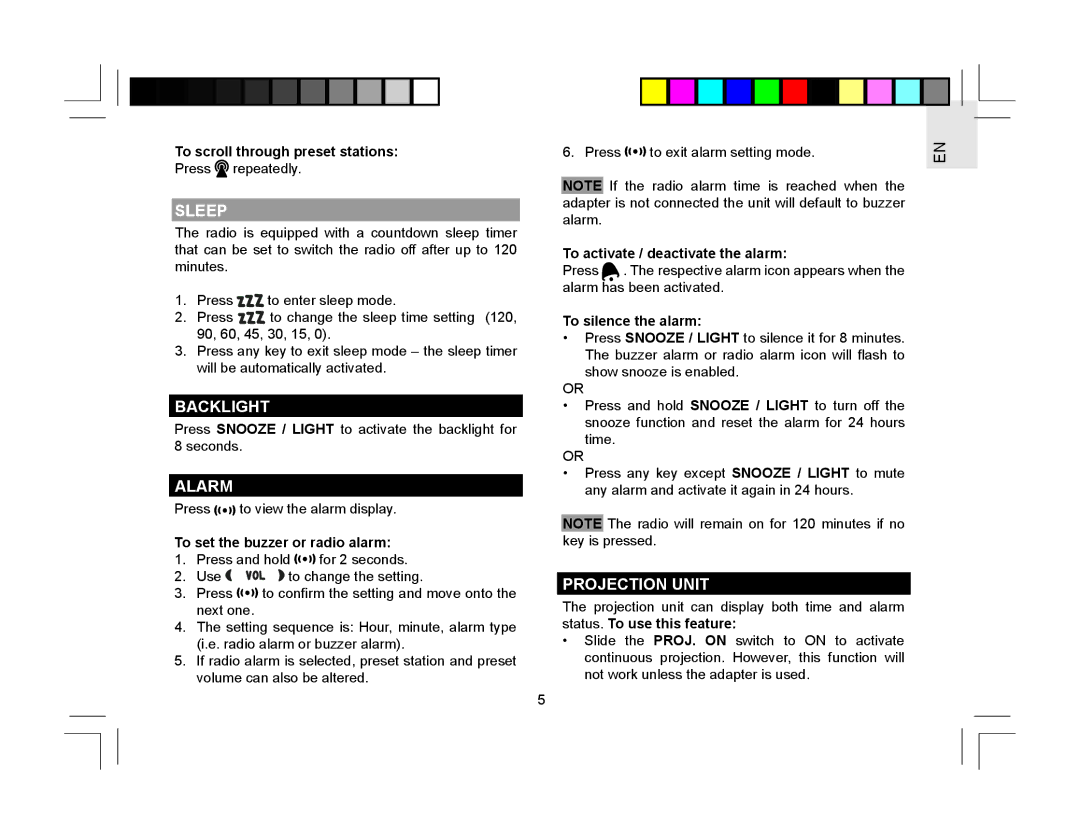 Oregon Scientific RRM310P user manual Sleep, Backlight, Alarm, Projection Unit 