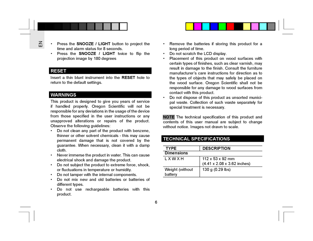 Oregon Scientific RRM310P user manual Reset, Technical Specifications, Dimensions 