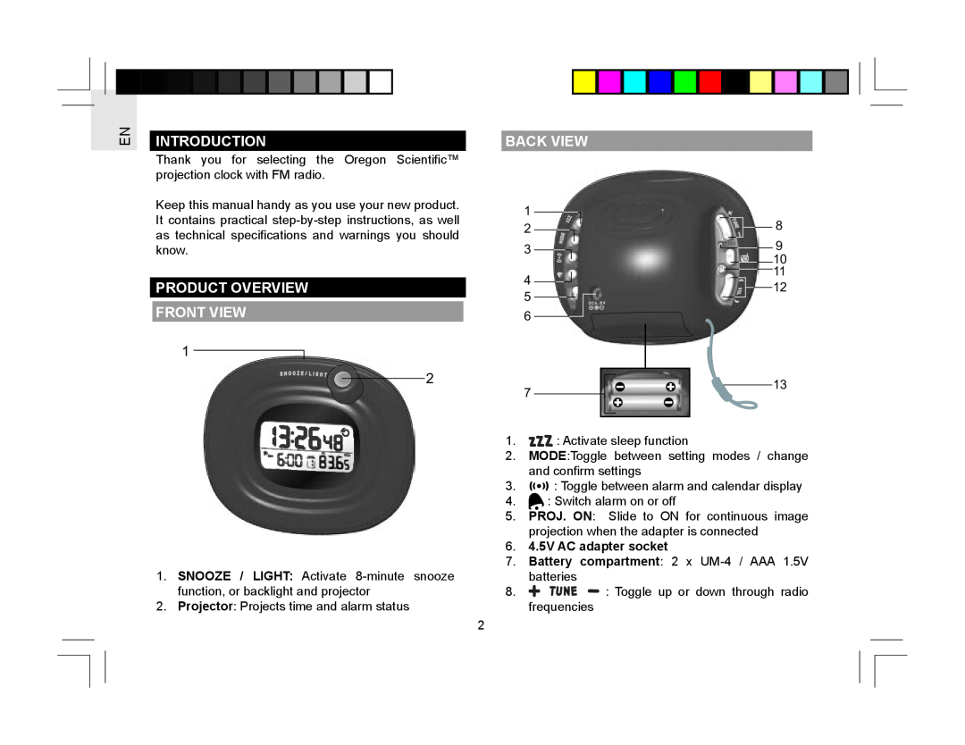 Oregon Scientific RRM310P user manual Introduction, Product Overview Front View, Back View, 6. 4.5V AC adapter socket 