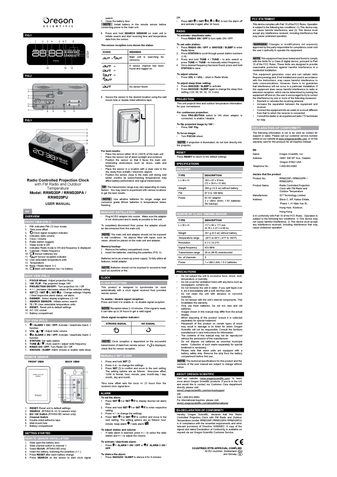 Oregon Scientific RRM320PU specifications Overview Front View, Back View, TOP View, Remote Sensor, Main Unit Installation 