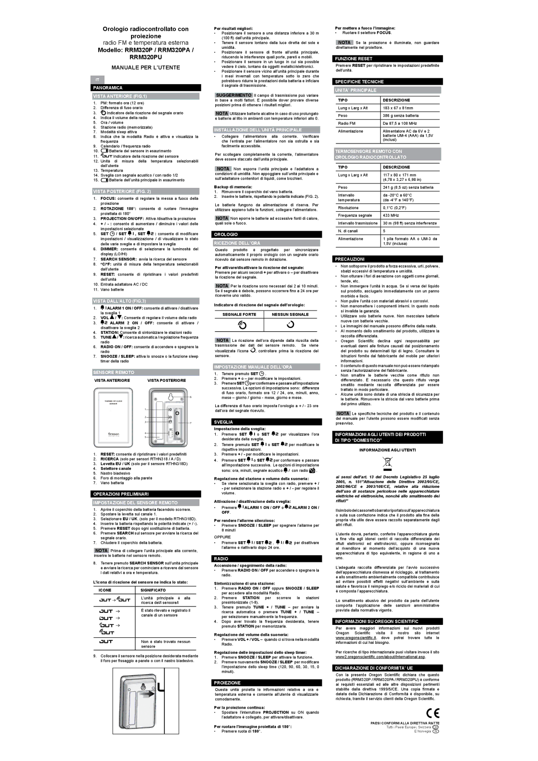 Oregon Scientific RRM320PU specifications Manuale PER L’UTENTE 