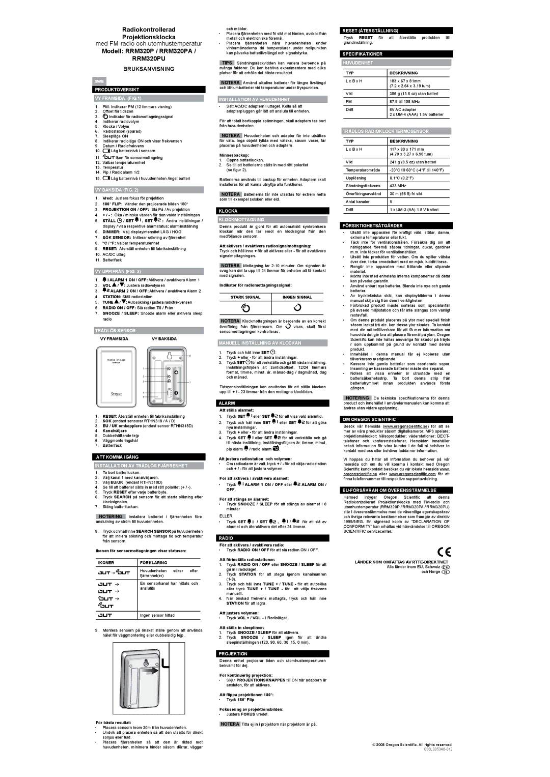 Oregon Scientific RRM320PU specifications Bruksanvisning 