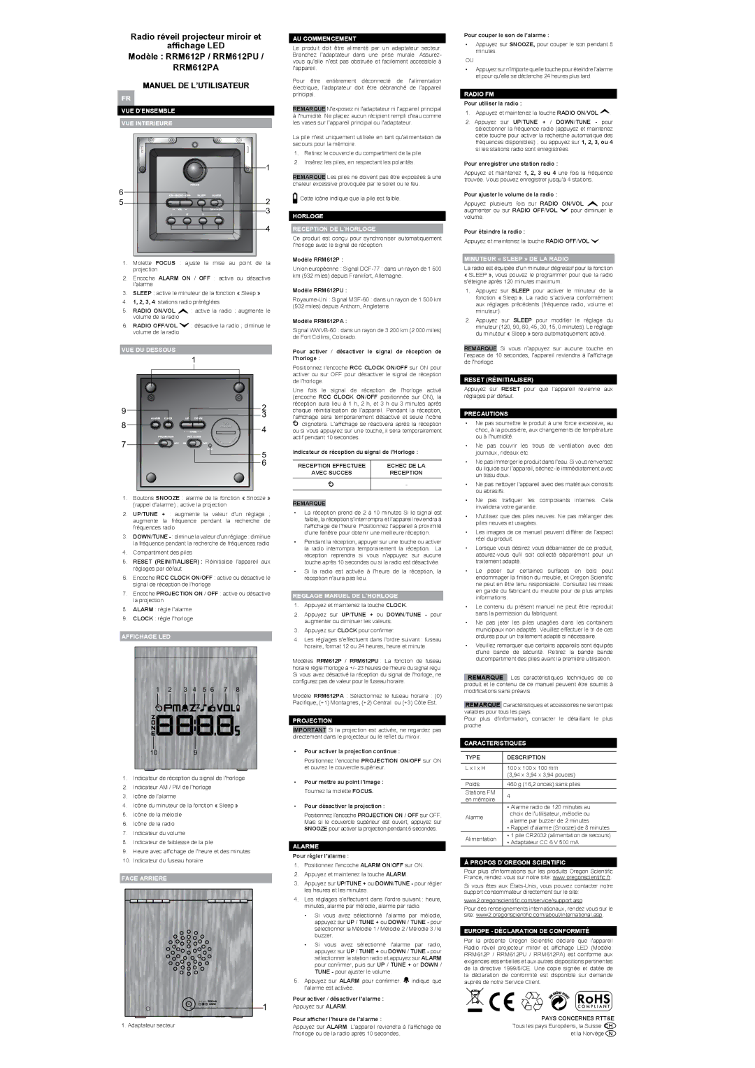 Oregon Scientific RRM612P user manual Manuel DE L’UTILISATEUR 