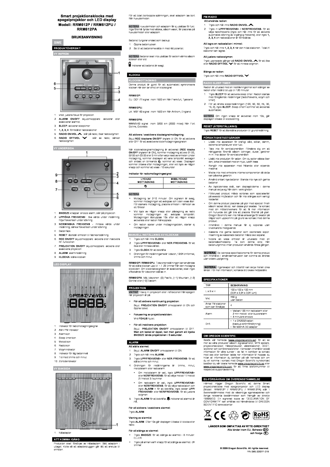 Oregon Scientific RRM612P user manual Smart projektionsklocka med, Bruksanvisning 
