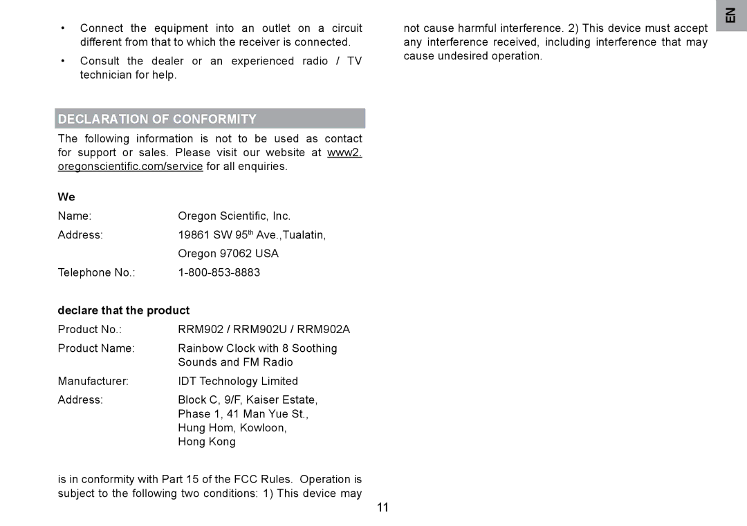 Oregon Scientific RRM902 user manual Declaration of Conformity, Declare that the product 