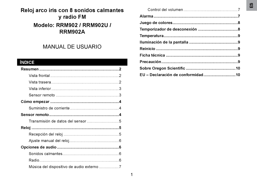 Oregon Scientific RRM902 user manual Índice 