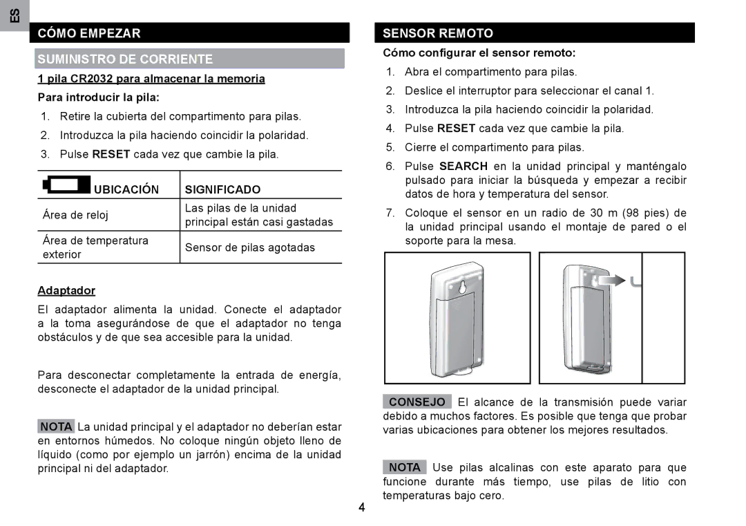 Oregon Scientific RRM902 user manual Cómo Empezar Suministro DE Corriente, Ubicación Significado, Adaptador 