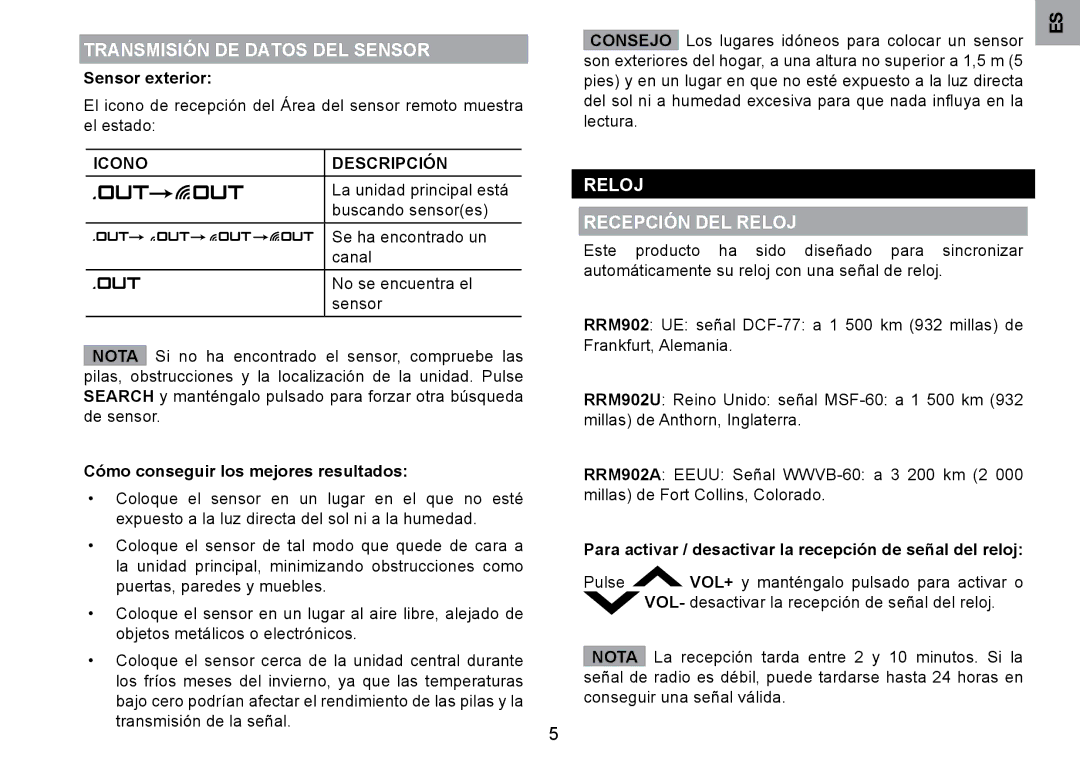 Oregon Scientific RRM902 user manual Transmisión DE Datos DEL Sensor, Reloj Recepción DEL Reloj, Icono Descripción, Consejo 