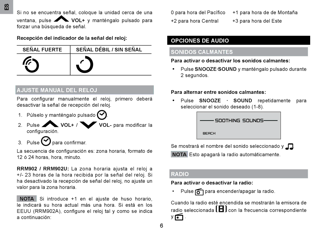 Oregon Scientific RRM902 user manual Opciones DE Audio Sonidos Calmantes, Ajuste Manual DEL Reloj 